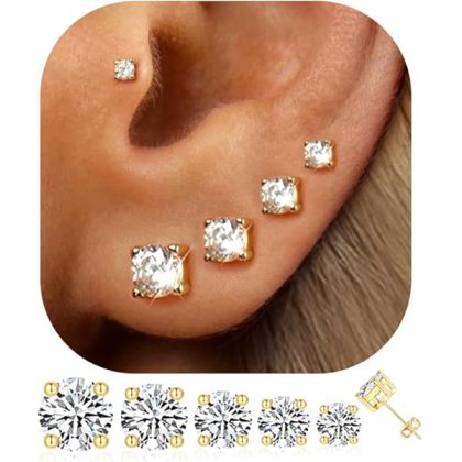 5 Pairs 14K Gold Plated Stud Earrings for Women, Hypoallergenic Earring Sets for Multiple Piercing, Premium Cubic Zirconia Studs Earrings for Women