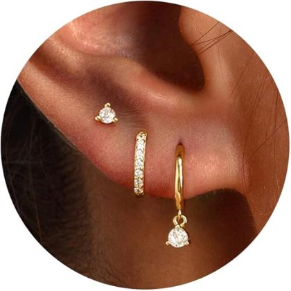 3 Pairs Gold Hoop Earrings Set: Dainty Stud Earrings Trendy Small 14K Gold Plated Hypoallergenic Dangle Cartilage Huggie Hoop Earrings for Women Gold Jewelry for Women Gifts
