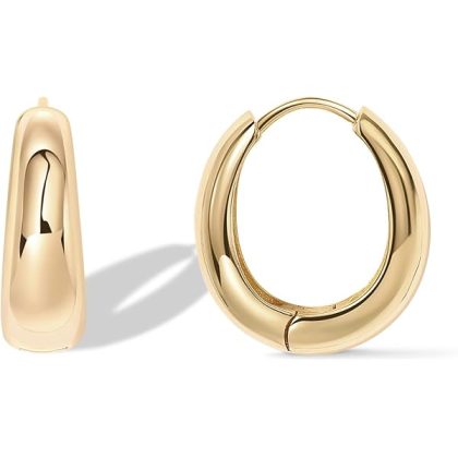 14K Gold Plated Sterling Silver Post Small Chunky Hoops Earrings | Thick Lightweight Gold Hoop Earrings for Women