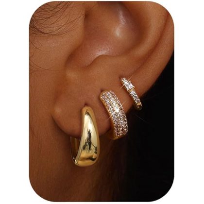 Small Chunky Gold Hoop Earrings for Women Hypoallergenic Gold Silver Hoops for Sensitive Ears Non Tarnish 14K Gold Filled Huggie Hoop Earring Stacks for Multiple Piercing Lightweight 3Pairs