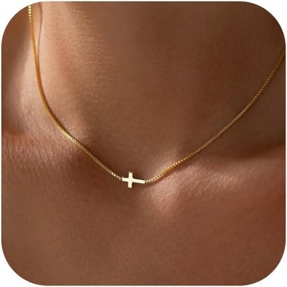 Cross Necklace for Women 14K Gold Silver Plated Dainty Small Cross Pendant Choker Simple Trendy Cute Cross Charm Chain Necklace Easter Basket Stuffers Baptism Religious Faith Jewelry Gift