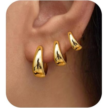 3Pairs Gold Hoop Earrings Set for Women Trendy Chunky Huggie Dainty Earrings Jewelry for Women Teens