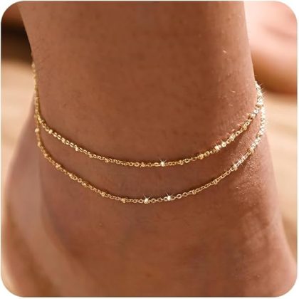 Gold/Silver Ankle Bracelets for Women,14K Gold Anklets for Women Waterproof Cuban Link Heart Beads Herringbone Rhinestone Anklets Set Layered Anklet Bracelets for Women Gold Jewelry Gift
