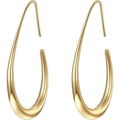 Lightweight Teardrop Hoop Earrings for Women - 14k Gold/White Gold Plated Large Oval Pull Through Hoop Earrings High Polished Statement Jewelry Gift for Women