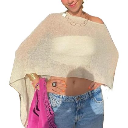 Womens Sheer Poncho Top Lightweight Knit Shrug Shawl Off The Shoulder Mesh Blouse Cover Up Tops