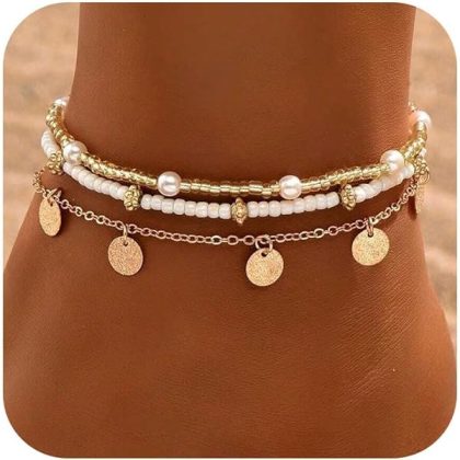 Ankle Bracelet Set for Women, Gold Boho Bead Adjustable Anklet, Hawaiian Beach Pearl Heart Starfish Foot Jewelry Gifts