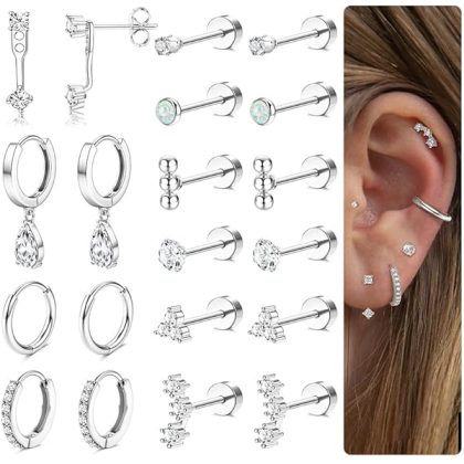 Hypoallergenic Flat Back Earrings Gold Cartilage Earring Sets for Multiple Piercing 20G Surgical Stainless Steel Earrings for Women Trendy Earring Stacks Small Hoop Flatback Stud Earrings