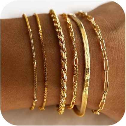 Gold Bracelets for Women Waterproof, 14K Real Gold Jewelry Sets Trendy Thin Dainty Stackable Cuban Link Paperclip Chain Bracelet Pack Fashion Accessories Gifts for Womens