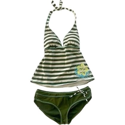 Summer 2 Piece Stripe Beach Bikini Set Y2k Sexy Floral Print Halter Neck Swimsuit Set 2000s Aesthetic Streetwear