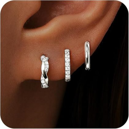 Gold Huggie Hoop Earrings Set for Women, Dainty Small Sterling Silver Earring Stacks Hypoallergenic Jewelry for Multiple Piercings, Trendy Twisted Cute Cartilage Hoops Birthstone Gift 3 Pairs
