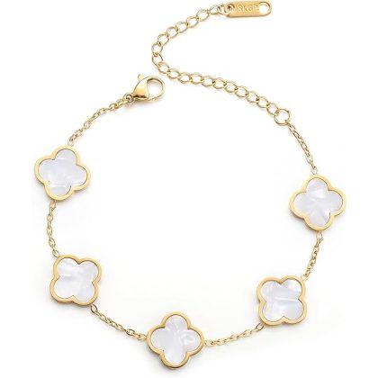 18K Gold Plated Clover Lucky Bracelet for Women White/Black/Red/Green Flower Four Leaf Link Bracelets Trendy Jewelry Gifts for Women