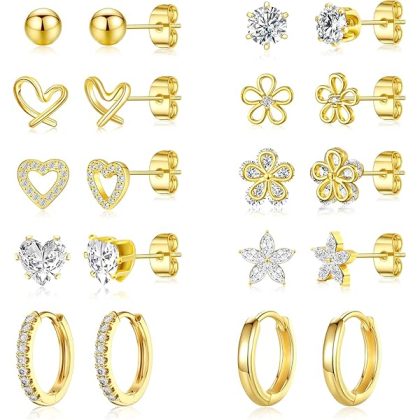Small Gold Stud Earrings Set for Women - 14K Gold Plated CZ Huggie Hoops Hypoallergenic earrings Dainty flower Heart Stud Earrings for Jewelry Gift