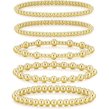 Gold Bracelets for Women Waterproof, 14K Gold Plated Beaded Strand Bead Ball Bracelets stack Adjustable Jewelry Set for Gifts