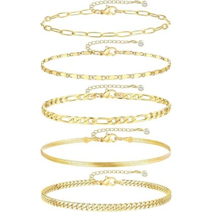 Gold Ankle Bracelets for Women, 14k Gold Plated Waterproof Cuban Link Chain Anklets Set, Layered Anklet Bracelets for Women Beach Gift Adjustable Size 5pc