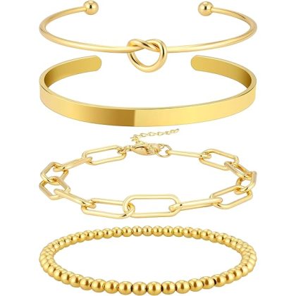14K Gold Plated Bangle Cuff Bracelets for Women Non Tarnish Gold Bracelet Stack Jewelry Set for Women Trendy
