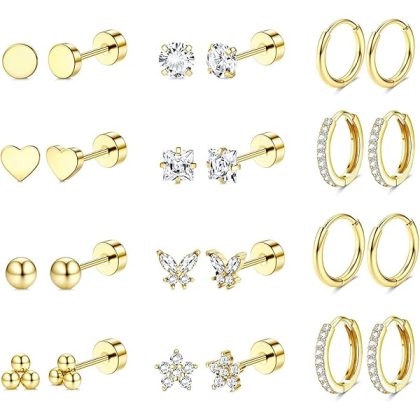 Hypoallergenic Surgical Steel Earrings for Sensitive Ears 14K Gold Flat Back Earrings for Women Men Small Stainless Steel Earrings Flatback Stud Hoop Cartilage Earring Set for Multiple Piercing