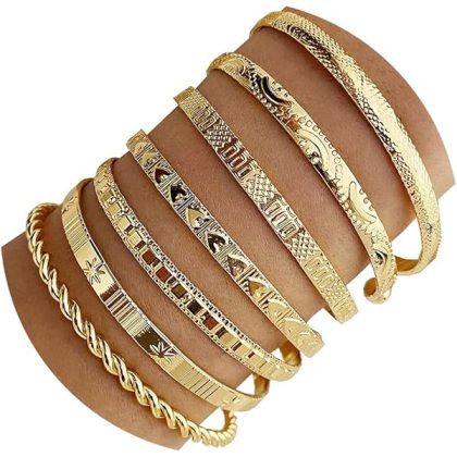 Gold Bangle Bracelets For Women, 14k Gold Plated Multi Layer Stackable Cuff Bracelet Set, Trendy Elegance Charms Non Tarnish Minimalist Textured Boho Jewelry Gift for Women