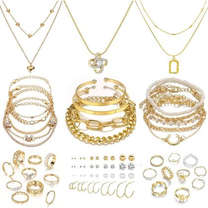 36 PC Gold Plated Jewelry Set with 4 Necklace, 11 Bracelet, 7 Ear Cuffs Earring, 14 Knuckle Rings for Women Girls Valentine Anniversary Birthday Friendship Gift