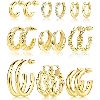 9 Pairs Gold Hoop Earrings Set for Womens Twisted Huggie Hoops Earrings 14K 18K Gold Plated for Girls Valentines Mother's Day Birthday Gifts Lightweight