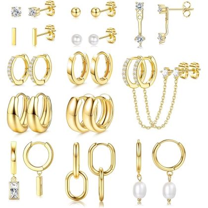 13 Pairs Small Gold Hoop Earrings Set for Women 14K Gold Plated Lightweight Huggie Hoops Hypoallergenic Pearl Dainty Stud Hoop Earrings for Gift