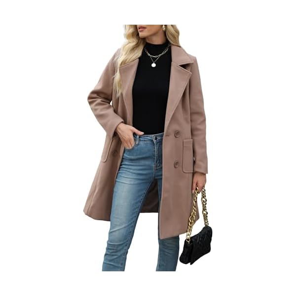 Women Winter Wool Blend Camel Mid-Long Coat Notch Double-Breasted Lapel Jacket Outwear