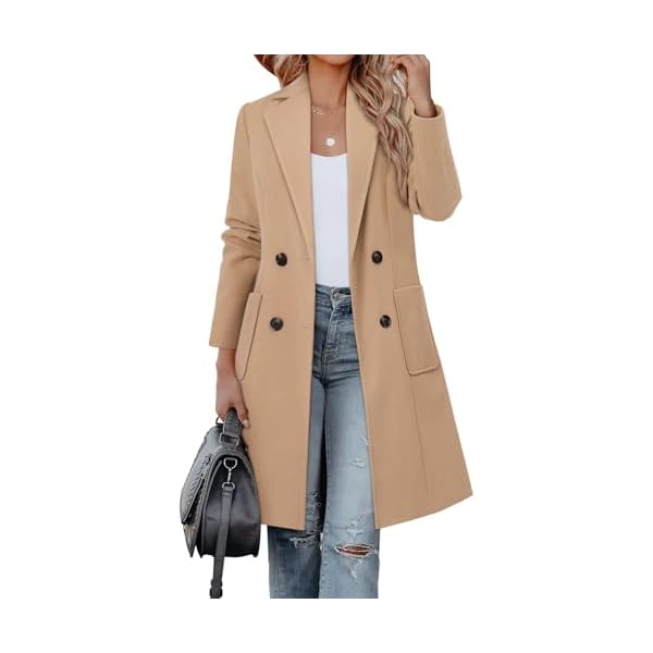Women's Notch Lapel Double Breasted Mid Long Pea Coat Wool Blend Overcoat Winter Outwear