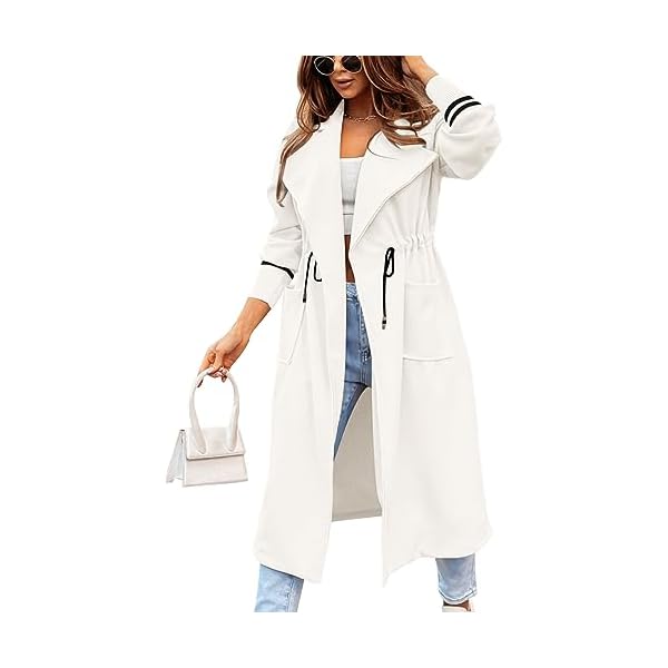Women Coat Pocket Casual Drawstring Waist Open Front Classic Lapel Overcoat