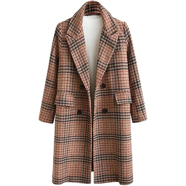 Women's Winter Oversize Lapel Collar Woolen Plaid Double Breasted Long Peacoat Jacket